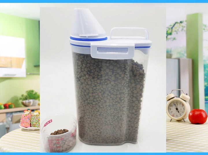 Recipiente de Armazenamento para Ração de Cão e Gato – 1,5kg/2kg com Copo Medidor | Plástico, Hermético e À Prova de Humidade