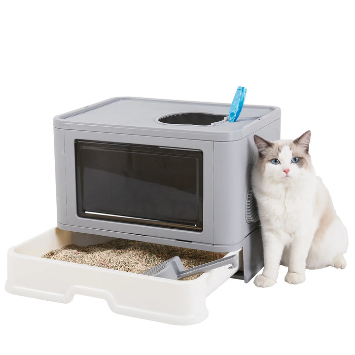 Caixa de Areia Dobrável para Gato – Entrada Frontal e Saída Superior com Massajador