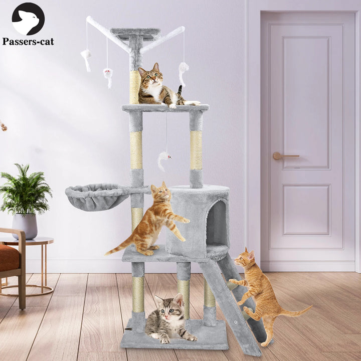 Árvore de Gatos com Plataforma de Escalada para Ambientes Internos, com Poste Arranhador, Rede, Almofadas no Topo, Tocas e Escada