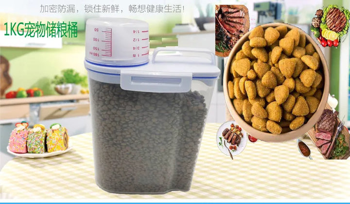 Recipiente de Armazenamento para Ração de Cão e Gato – 1,5kg/2kg com Copo Medidor | Plástico, Hermético e À Prova de Humidade