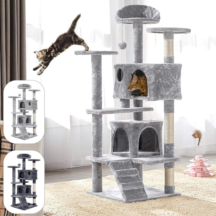 Árvore para Gatos de 5 Níveis com Rede, Plataformas Acolchoadas, Casotas e Brinquedo de Saltar com Escada