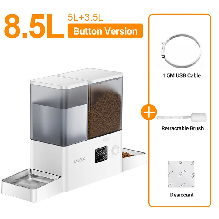 Alimentador Automático 2 em 1 para Pets 8,5L – Com Fonte de Água por Gravidade, Botão, Dispenser 5L para Ração e Reservatório 3,5L para Água