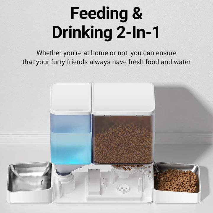 Alimentador Automático 2 em 1 para Pets 8,5L – Com Fonte de Água por Gravidade, Botão, Dispenser 5L para Ração e Reservatório 3,5L para Água