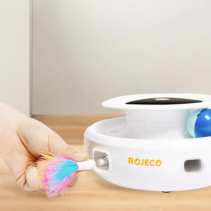 Diversão e Estímulo 2 em 1 para Pets – Bola Automática com Pena ROJECO, 5 Modos Interativos