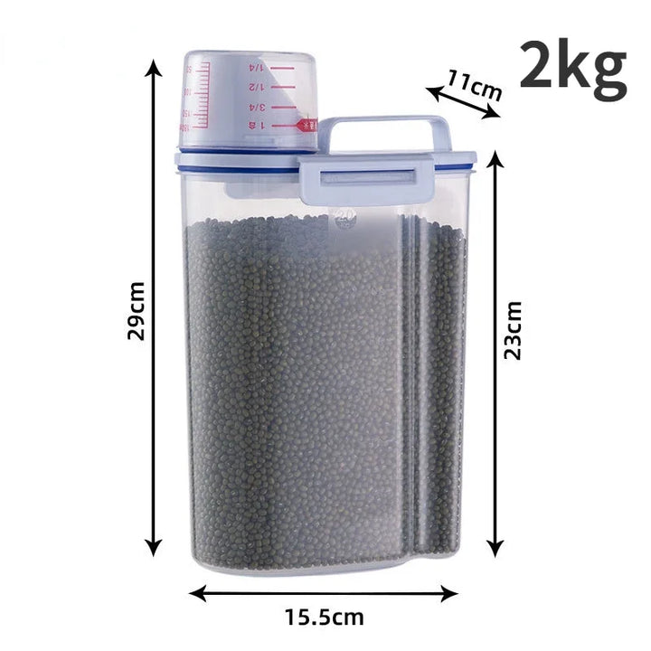 Recipiente de Armazenamento para Ração de Cão e Gato – 1,5kg/2kg com Copo Medidor | Plástico, Hermético e À Prova de Humidade