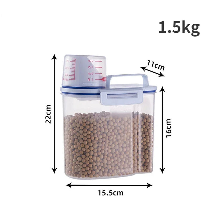 Recipiente de Armazenamento para Ração de Cão e Gato – 1,5kg/2kg com Copo Medidor | Plástico, Hermético e À Prova de Humidade