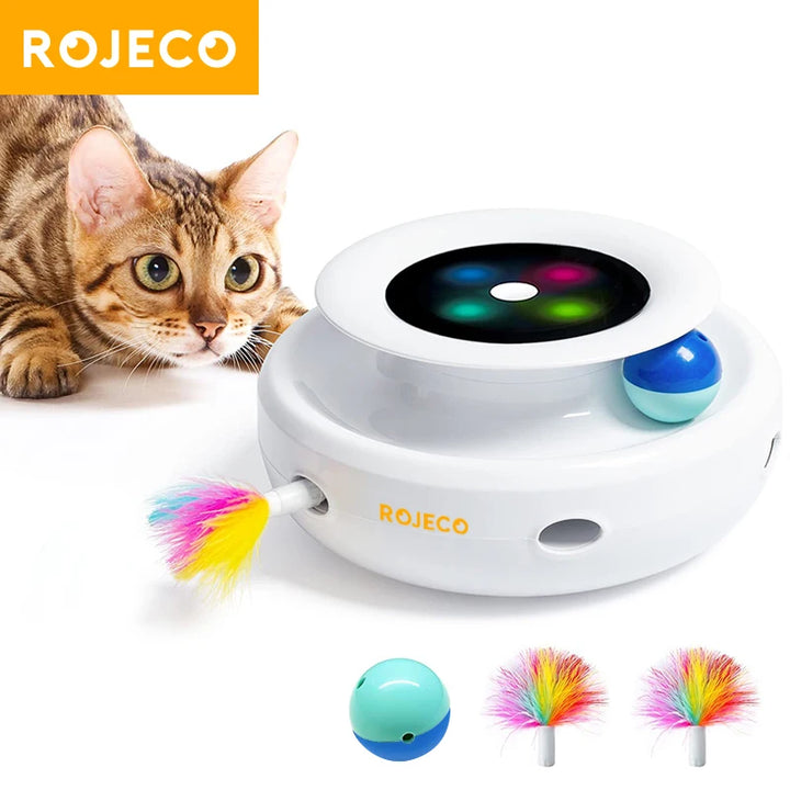 Diversão e Estímulo 2 em 1 para Pets – Bola Automática com Pena ROJECO, 5 Modos Interativos