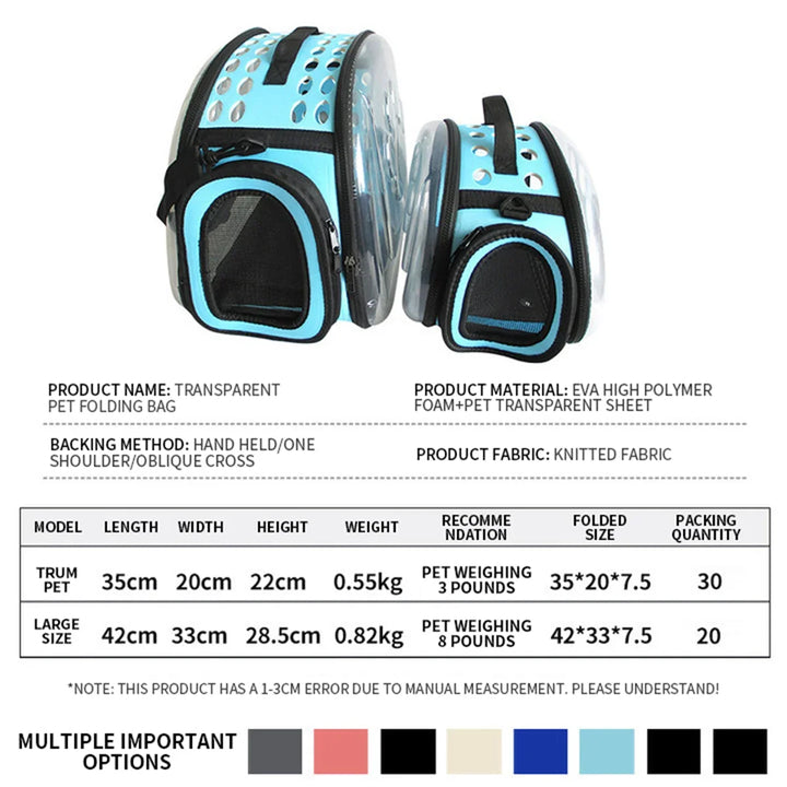 Mochila de Transporte para Gato e Cão – Mala de Ombro Transparente e Respirável | Ideal para Viagens e Passeios