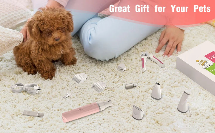 Kit de Higiene 4 em 1 para Animais – Máquina de Tosa Sem Fios, Aparador de Patas Silencioso, Cortador de Pelo e Lima de Unhas