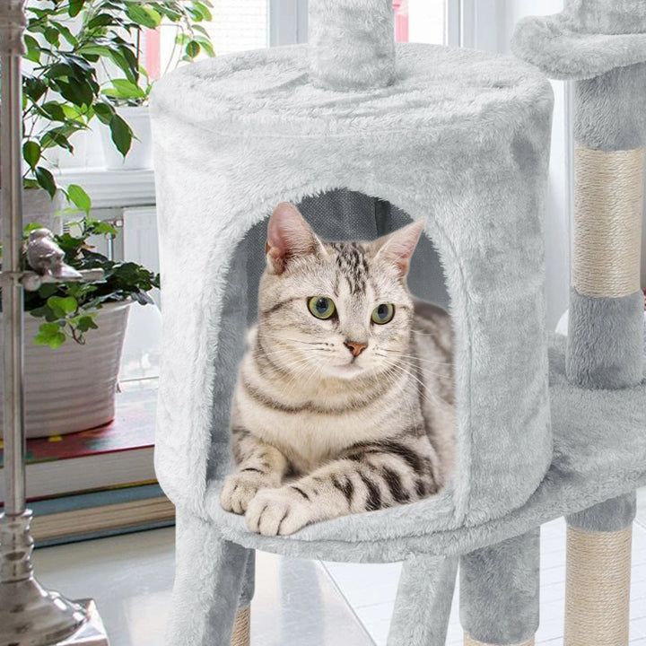 Árvore de Gatos com Plataforma de Escalada para Ambientes Internos, com Poste Arranhador, Rede, Almofadas no Topo, Tocas e Escada