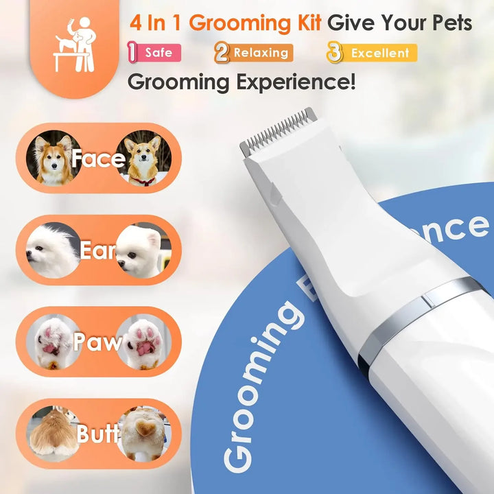Kit de Higiene 4 em 1 para Animais – Máquina de Tosa Sem Fios, Aparador de Patas Silencioso, Cortador de Pelo e Lima de Unhas