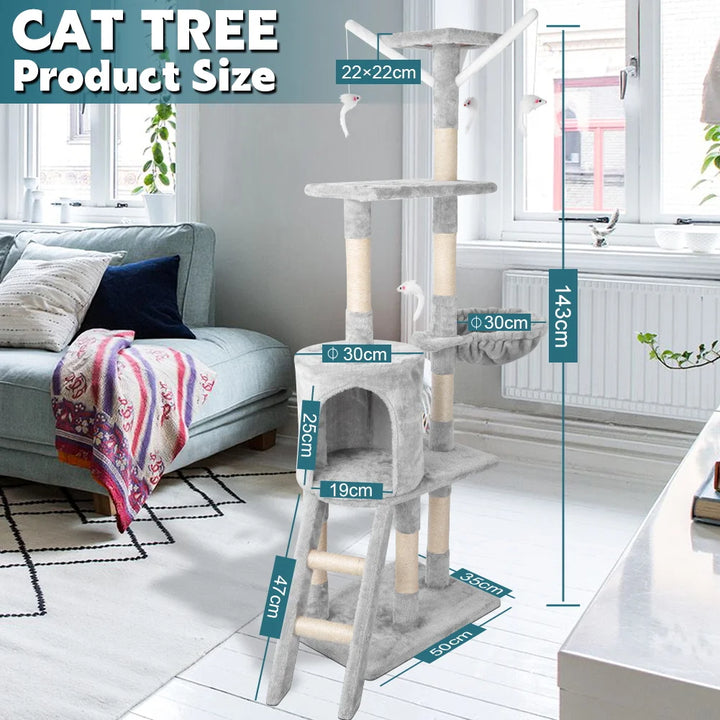 Árvore de Gatos com Plataforma de Escalada para Ambientes Internos, com Poste Arranhador, Rede, Almofadas no Topo, Tocas e Escada