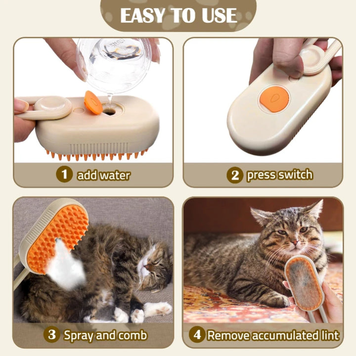 Escova a Vapor 3 em 1 para Gatos – Remove Pelos, Limpa e Massageia