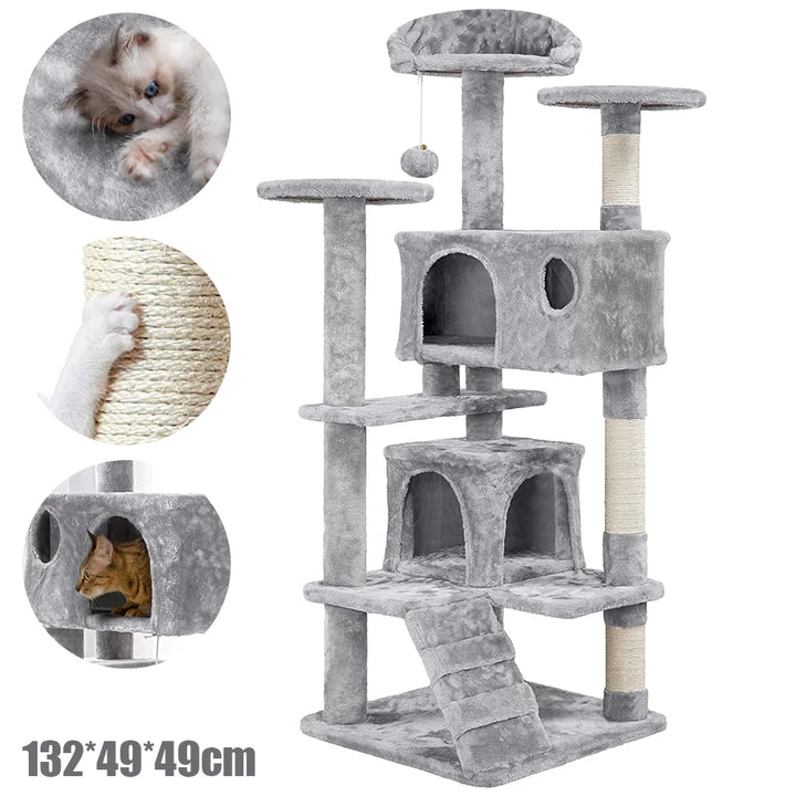 Árvore para Gatos de 5 Níveis com Rede, Plataformas Acolchoadas, Casotas e Brinquedo de Saltar com Escada