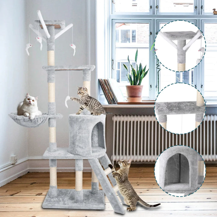 Árvore de Gatos com Plataforma de Escalada para Ambientes Internos, com Poste Arranhador, Rede, Almofadas no Topo, Tocas e Escada