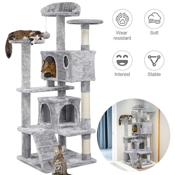 Árvore para Gatos de 5 Níveis com Rede, Plataformas Acolchoadas, Casotas e Brinquedo de Saltar com Escada