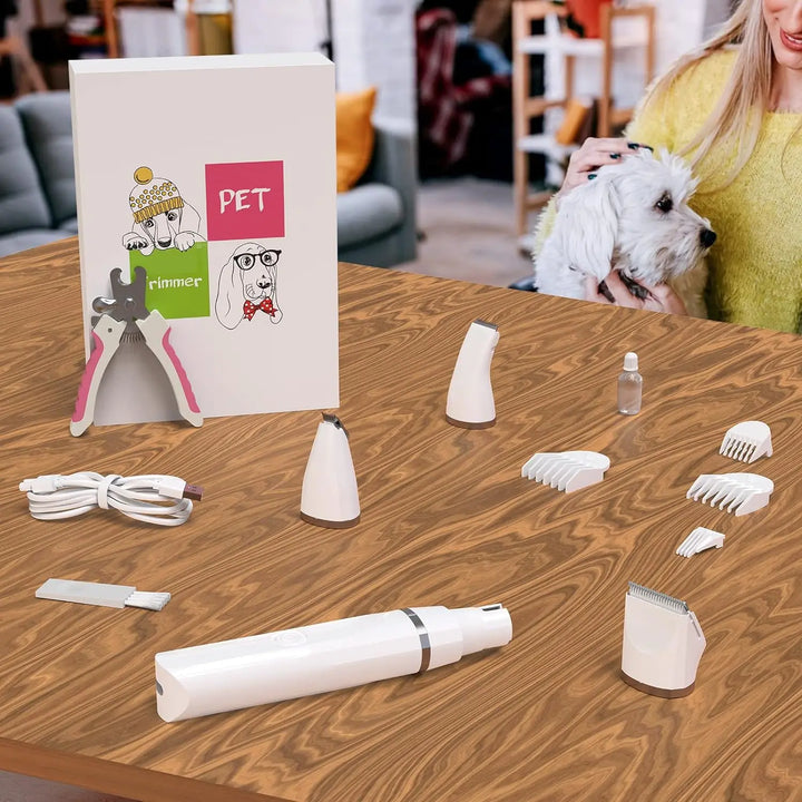 Kit de Higiene 4 em 1 para Animais – Máquina de Tosa Sem Fios, Aparador de Patas Silencioso, Cortador de Pelo e Lima de Unhas