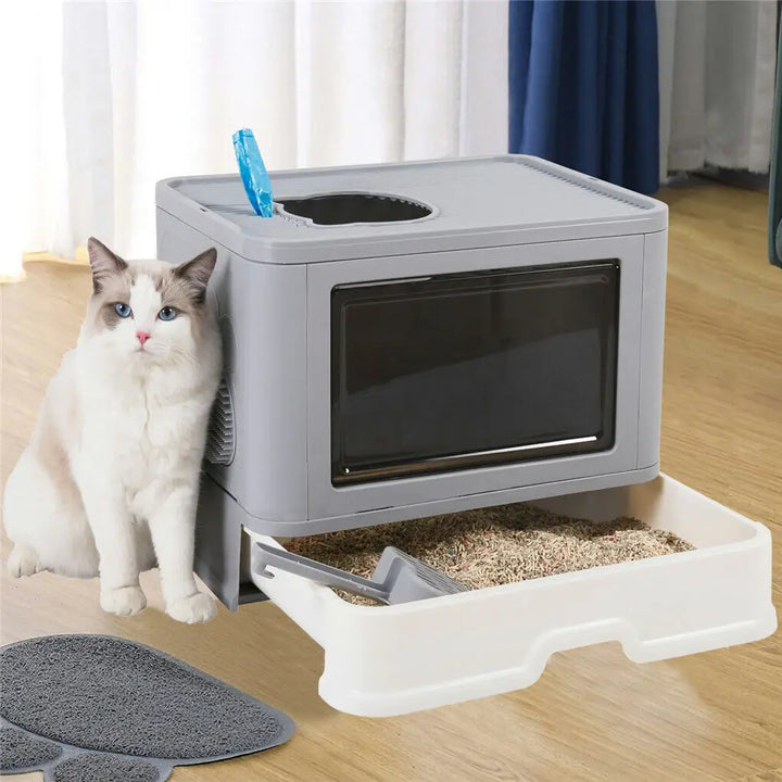 Caixa de Areia Dobrável para Gato – Entrada Frontal e Saída Superior com Massajador