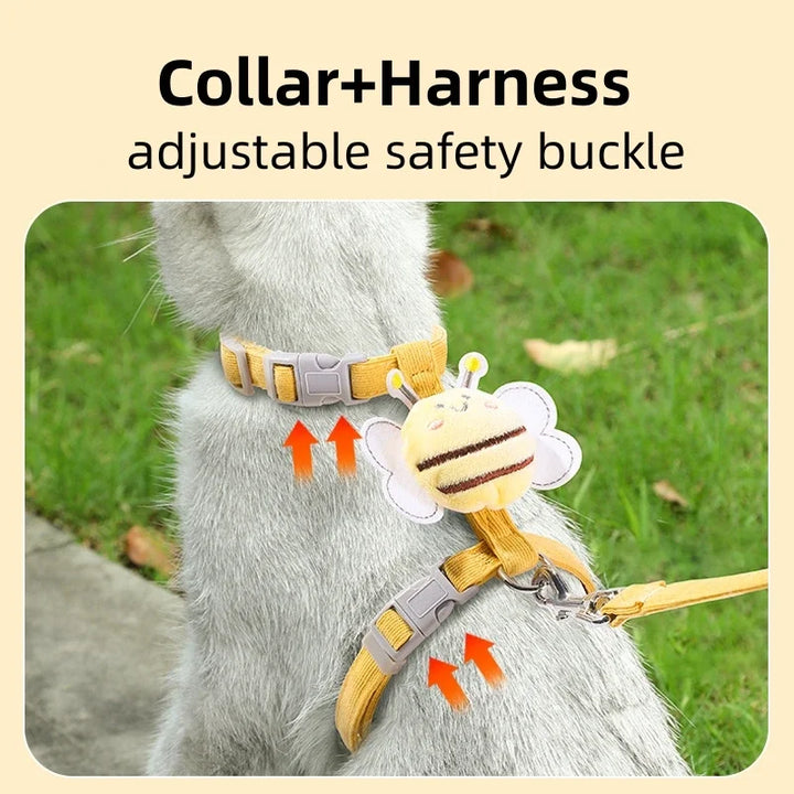 Conjunto Arnês, Trela e Coleira para Gato – Ajustável, Estilo Abelha, Dupla Camada | Ideal para Passeios ao Ar Livre 🐾