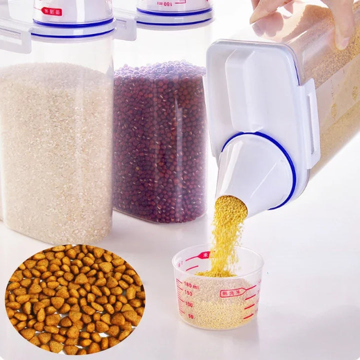 Recipiente de Armazenamento para Ração de Cão e Gato – 1,5kg/2kg com Copo Medidor | Plástico, Hermético e À Prova de Humidade