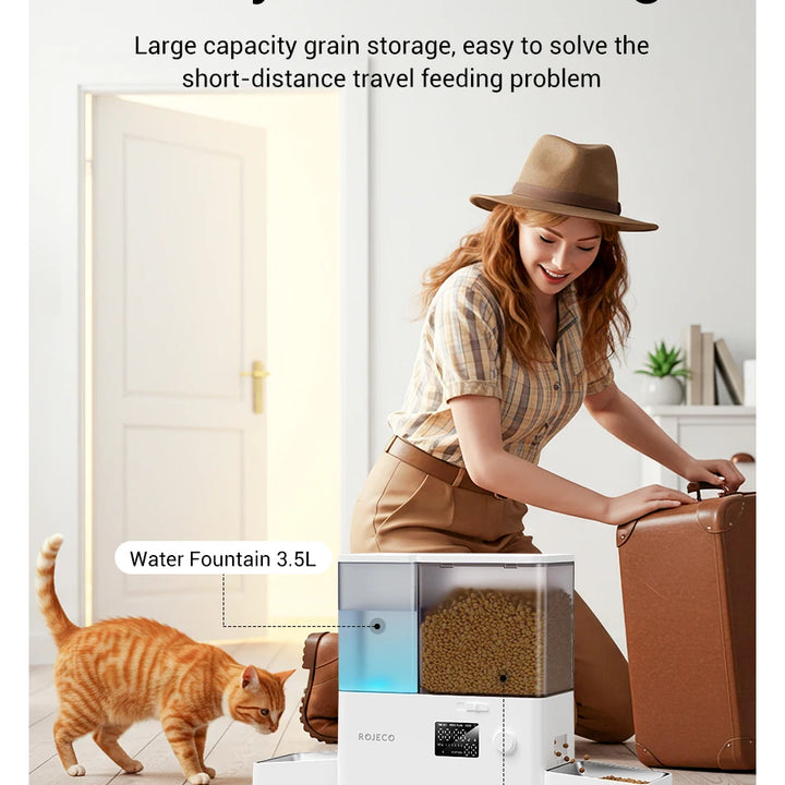 Alimentador Automático 2 em 1 para Pets 8,5L – Com Fonte de Água por Gravidade, Botão, Dispenser 5L para Ração e Reservatório 3,5L para Água