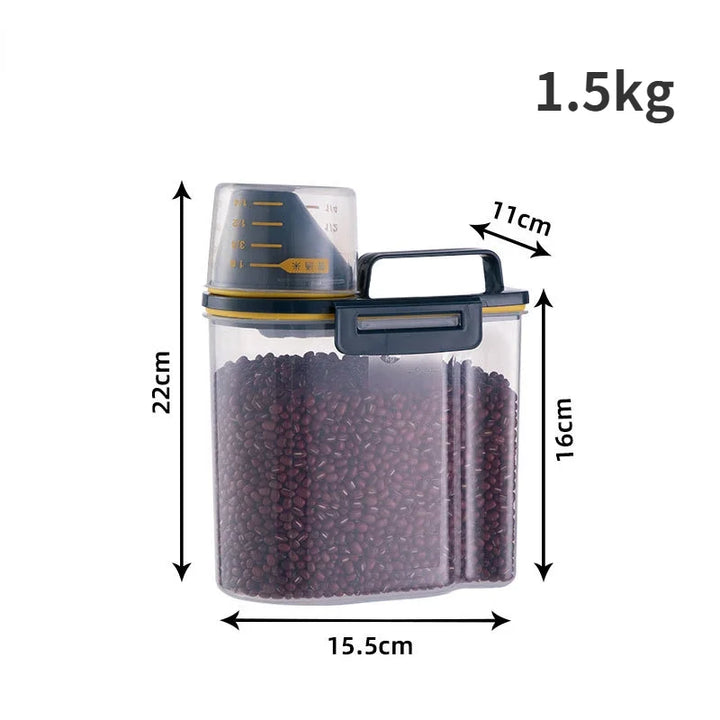 Recipiente de Armazenamento para Ração de Cão e Gato – 1,5kg/2kg com Copo Medidor | Plástico, Hermético e À Prova de Humidade