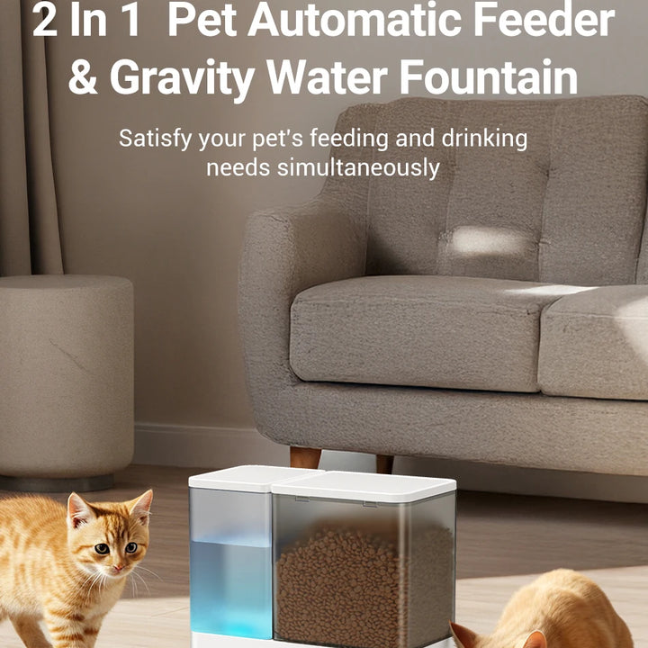 Alimentador Automático 2 em 1 para Pets 8,5L – Com Fonte de Água por Gravidade, Botão, Dispenser 5L para Ração e Reservatório 3,5L para Água