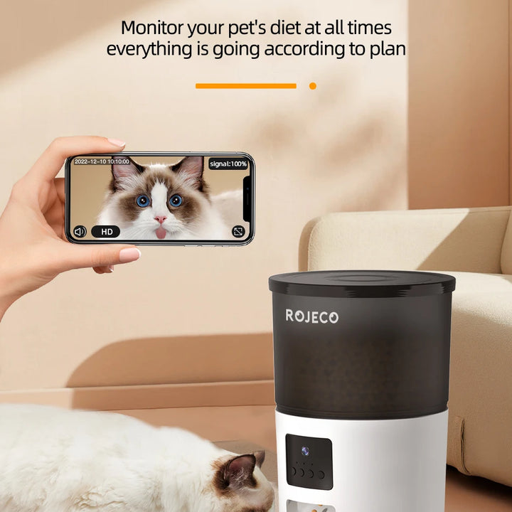 Comedouro Automático ROJECO com Câmera HD – Alimentação Inteligente para Gatos e Cães