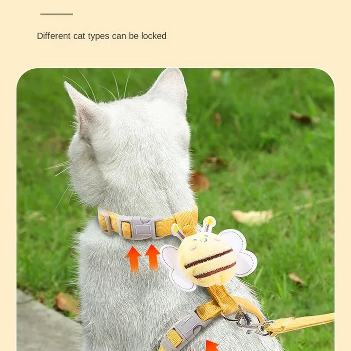 Conjunto Arnês, Trela e Coleira para Gato – Ajustável, Estilo Abelha, Dupla Camada | Ideal para Passeios ao Ar Livre 🐾