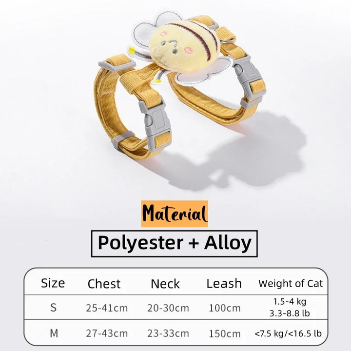 Conjunto Arnês, Trela e Coleira para Gato – Ajustável, Estilo Abelha, Dupla Camada | Ideal para Passeios ao Ar Livre 🐾