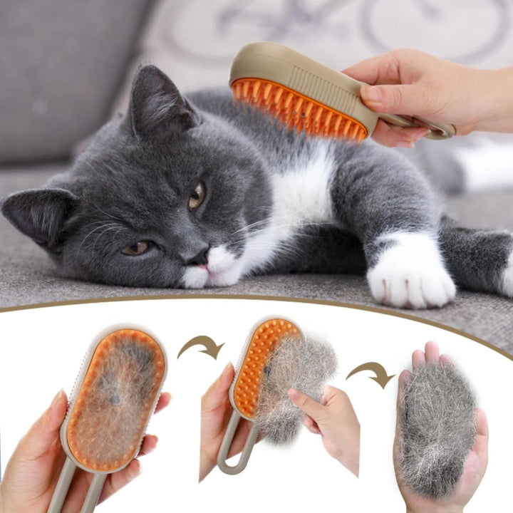Escova a Vapor 3 em 1 para Gatos – Remove Pelos, Limpa e Massageia