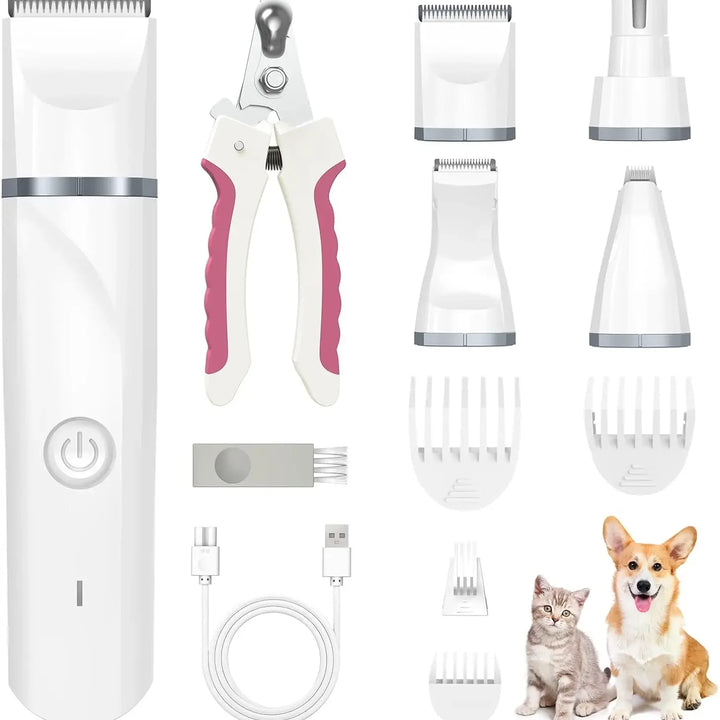 Kit de Higiene 4 em 1 para Animais – Máquina de Tosa Sem Fios, Aparador de Patas Silencioso, Cortador de Pelo e Lima de Unhas